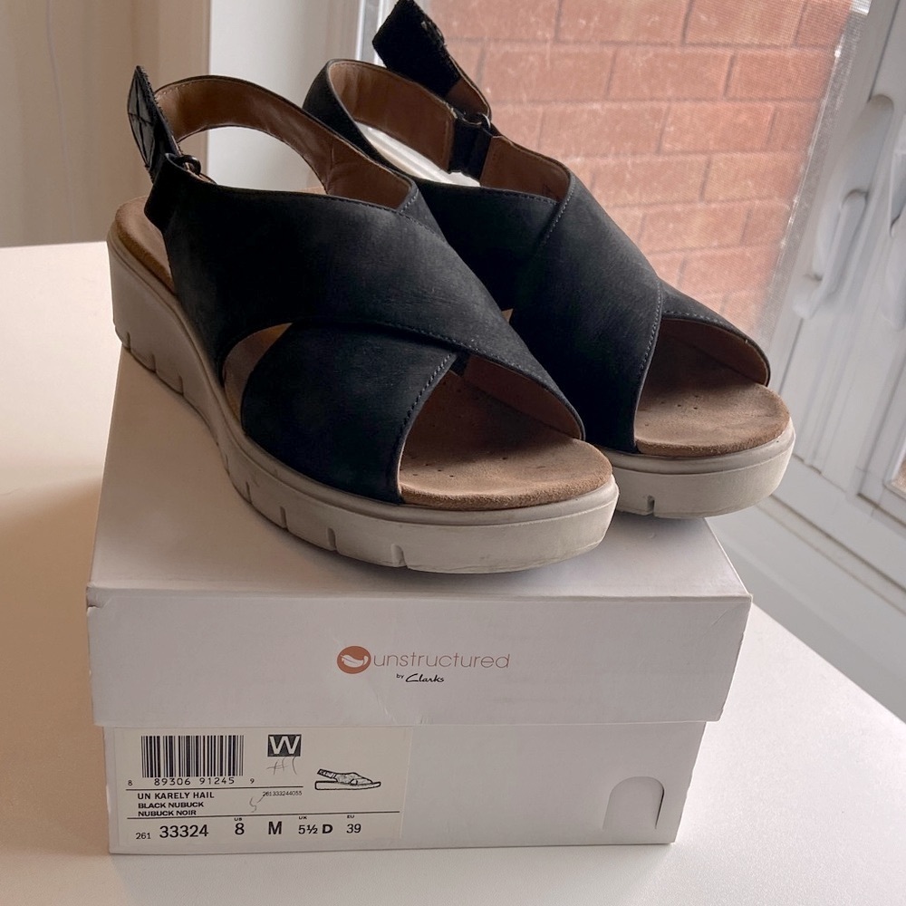 Clarks Black Crisscross Wedge Sandals